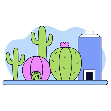 A city skyline featuring various buildings designed in the shape of different types of cacti. The prominent structures include a tall saguaro cactus building with long arms reaching upward, a rounded barrel cactus building with smooth, curved surfaces, and a flat-topped prickly pear cactus building. The sky is clear and blue, providing a bright backdrop to this unique urban landscape.
