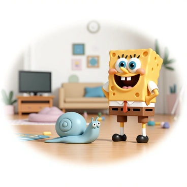 A cartoon snail named "Gary," with a light blue shell and big, expressive eyes, is moving slowly across a wooden living room floor. The floor has a warm, polished finish, accentuated by a few scattered colorful toys and a rug with a playful pattern. Nearby, "SpongeBob," a cheerful yellow sea sponge with large blue eyes and a wide grin, is watching Gary with an expression of fascination. SpongeBob is wearing his signature white shirt, red tie, and brown square pants, standing with his hands on his hips as he observes Gary's slow journey across the room. The background features a cozy living room setting, with a couch, a TV, and various decorations on the walls.