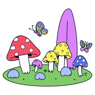 A whimsical garden is filled with various species of colorful mushrooms. There are bright red mushrooms with white spots, tall purple ones with a smooth cap, and small yellow mushrooms that cluster together. The garden has green grass, and some mushrooms have intricate patterns on their stems. A few butterflies with vibrant wings flutter around the mushrooms, adding to the lively atmosphere. In the background, there are small rocks and patches of moss that enhance the natural setting.