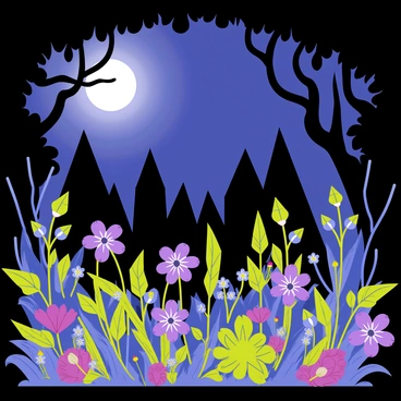 A garden filled with various poisonous plants, featuring vibrant yet ominous flowers in deep purples and greens. The night sky is a dark blue, illuminated by a pale moon casting shadows across the scene. Dark shadows loom ominously over the garden, creating an unsettling atmosphere. The flowers have elongated petals and unusual shapes, adding to the eerie nature of the scene. A twisted tree with gnarled branches frames the garden, contributing to the overall sense of foreboding.