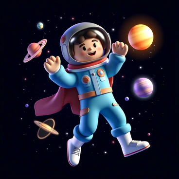 A cartoon space cadet with a modern hairstyle and a confident expression, dressed in a vibrant blue and silver spacesuit adorned with various badges and emblems. He has a sleek helmet with a clear visor reflecting distant stars. In the background, a colorful array of planets and comets is visible, with swirling galaxies and twinkling stars scattered across the deep black universe. The space cadet is joyfully floating among the celestial bodies, reaching out towards a bright, colorful planet with rings.