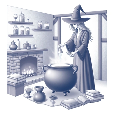 A whimsical witch brewing colorful potions in a bubbling cauldron inside her cottage.