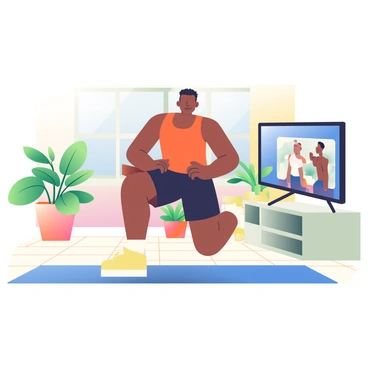 An individual with dark skin and short, curly hair is performing high knees in their living room. They are wearing a bright orange tank top and black athletic shorts. The living room has wooden floors, and a blue yoga mat is placed on the floor underneath them. Surrounding the individual, there are green potted plants positioned in the corners and a large window letting in natural light, creating a bright atmosphere. A television is set against one wall, displaying a fitness video.