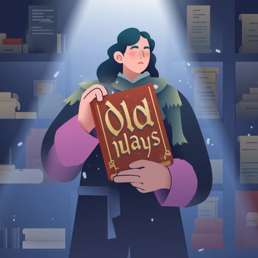 A character with long, dark hair is standing in a dimly lit room, holding an old, dusty book. The book has a worn leather cover with "Old Ways" embossed in ornate gold lettering on the front. The character is wearing a tattered cloak that drapes over their shoulders, and their fingers are gently tracing the embossed title. In the background, shelves filled with ancient scrolls and artifacts add to the atmosphere of mystery. A beam of soft light is illuminating the book, highlighting the dust particles floating in the air.