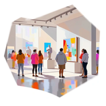 A contemporary art gallery located in the heart of Paris is filled with visitors admiring original artwork. The gallery is characterized by sleek white walls and polished wooden floors. Diverse visitors, including a couple examining a large abstract painting and a group of friends discussing a striking sculpture, are scattered throughout the space. Sunlight streams in through large windows, illuminating the art pieces displayed on pedestals and hung on the walls. Each artwork features vibrant colors and unique forms, capturing the attention of the onlookers.