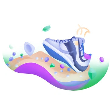 A modern pastel illustration depicting "a pair of stylish sneakers" placed on a "gravel path." The path is made up of "various sizes of pebbles" scattered around the shoes, showcasing the "shifting movement" of the stones. The illustration emphasizes the "texture of the gravel" and the "uneven surfaces" beneath the shoes, capturing the concept of friction in action.