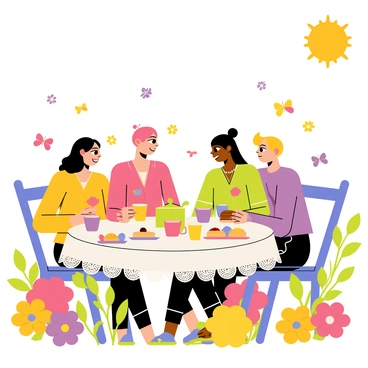 A group of four friends sitting around a round wooden table at a tea party in a blooming garden. The table is covered with a white lace tablecloth and is filled with an assortment of colorful teacups, a teapot, and plates of various pastries. Each friend has a different hairstyle and outfit, showcasing their unique personalities. Surrounding them are vibrant flowers in shades of pink, yellow, and purple, creating a lively backdrop. Butterflies flutter among the flowers, adding to the cheerful atmosphere. A bright sun shines overhead, illuminating the scene.
