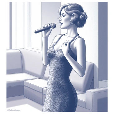 A female singer is standing confidently in a lounge environment. She is wearing a shimmering sequined dress that reflects light in a striking manner. Her hair is styled in a classic 1920s fashion, with soft waves framing her face. She is holding a vintage microphone close to her lips, concentrating on her performance. The ambiance of the lounge includes an elegant backdrop, with soft furnishings and a spotlight gently illuminating her figure.