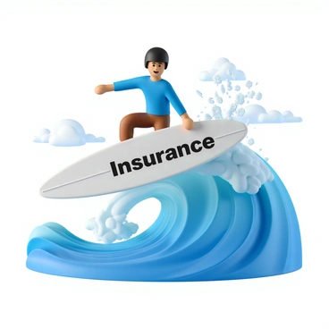 A person with light skin and short brown hair is surfing on a large wave. They are wearing a bright blue wetsuit and have a helmet for safety. The surfboard has the word "Insurance" prominently displayed on its side in bold letters. The water splashes around them as they maintain balance on the board, showcasing a confident stance. In the background, there are smaller waves symbolizing fluctuating financial markets, with hints of dollar signs subtly integrated into the texture of the waves. The sky is clear with a few fluffy clouds, creating a bright and vibrant atmosphere.