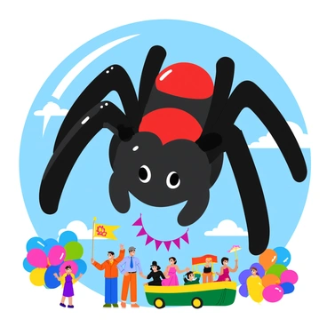 A giant black widow spider balloon with glossy black and red colors is floating above a festive parade. The balloon has large, detailed legs that extend outward, adding to its impressive size. Below the balloon, colorful floats and cheerful parade-goers can be seen celebrating. Balloons in various shapes and sizes surround the spider balloon, enhancing the festive atmosphere. Bright banners and flags wave in the breeze, while people dressed in vibrant costumes dance and smile in the background.