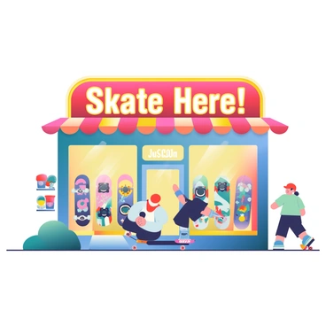 A skateboard shop with a colorful storefront features a vibrant facade painted in shades of blue, yellow, and red. The entrance is adorned with a large, welcoming neon sign that reads "Skate Here!" in bold, glowing letters. Displayed in the windows are various skateboards with unique designs, showcasing a mix of graphics and colors. To the side, there are racks filled with skateboard accessories, including helmets and knee pads. In front of the shop, there are a few skateboarders practicing tricks on a small ramp, adding to the lively atmosphere of the scene.