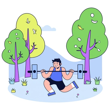 A person with short black hair is bench pressing a barbell in a forest clearing. The individual is wearing a blue tank top and black shorts, displaying a focused expression on their face. The barbell is heavily loaded with weights on each side. Surrounding the clearing are tall green trees with lush, vibrant leaves, and scattered sunlight filters through the branches, casting dappled shadows on the ground. The ground is covered in soft grass and small patches of wildflowers. In the background, there are hints of distant hills, creating a tranquil natural setting.