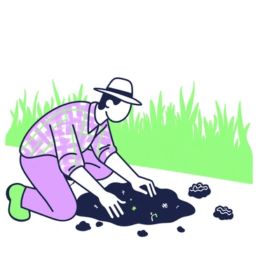 A farmer is kneeling on the ground, examining a patch of soil with his hands. He is wearing a plaid shirt and a straw hat, focusing intently on the earth. Small clumps of soil are scattered, revealing various textures. Within the soil, tiny nematodes are clearly visible, wriggling amidst the dark earth. Surrounding the farmer, there are rows of crops in the background, with green leaves peeking through. The sky above is clear, allowing natural light to shine down on the scene.