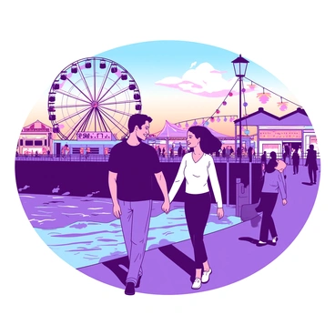 A couple is holding hands as they walk along the Santa Monica Pier, which is illuminated with vibrant lights. The sky above is transitioning into dusk, showcasing a gradient from light to darker shades. Surrounding the couple, there are colorful amusement rides and a lively atmosphere created by people enjoying the pier. The couple is smiling at each other, with the gentle ocean waves lapping against the pier below. The scene captures a moment of connection amidst the lively sights and sounds of the bustling pier.