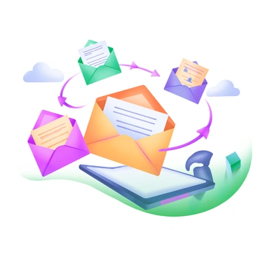 A whimsical scene depicting various colorful letters and emails flying through the air. The letters are illustrated in different sizes and shapes, some open to reveal handwritten notes inside. Emails are represented as vibrant envelopes with digital symbols floating around them. The background features stylized clouds and a soft gradient sky that suggests movement and connection. Lines and arrows in pastel hues connect the letters and emails, symbolizing the act of communication across distances.