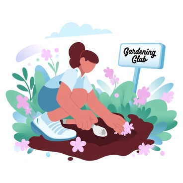 A school girl in a school uniform is kneeling down in a vibrant school garden, carefully planting colorful flowers in the rich soil. She has a small trowel in one hand and a handful of flowers in the other. The garden is full of various blooming flowers and lush greenery, creating a lively atmosphere. A gardening club sign can be seen nearby, indicating the area of the gardening club's activities. Sunlight casts soft shadows, enhancing the cheerful scene.