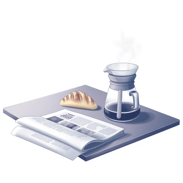 A wooden table with a glass flask filled with steaming coffee sits prominently. Next to the flask, there is a freshly baked pastry, golden brown and flaky. A folded newspaper lies beside the pastry, its pages slightly curled, showcasing a few visible headlines. The scene conveys a cozy atmosphere, inviting one to relax and enjoy the moment.