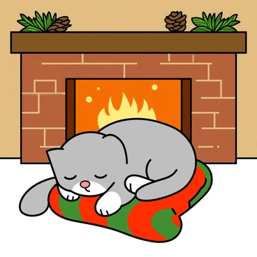 A small, fluffy kitten with light gray fur and white paws is curled up, peacefully snoozing on a colorful mitten that is patterned with red and green stripes. The kitten's tiny pink nose is relaxed, and its ears are slightly folded down. Next to the kitten, there is a cozy fireplace with warm, flickering flames casting a gentle glow. The firelight enhances the warm atmosphere, and small embers can be seen dancing in the air. The background features a rustic wooden mantel adorned with a few pinecones and a small plant, adding to the inviting scene.