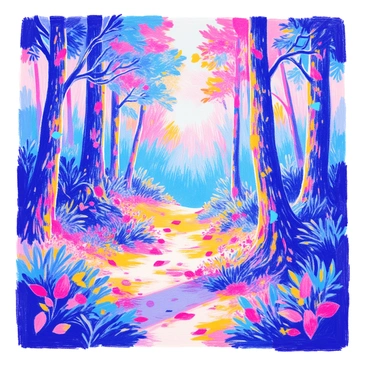A dense forest scene with trees and leaves glitching into pixelated forms
