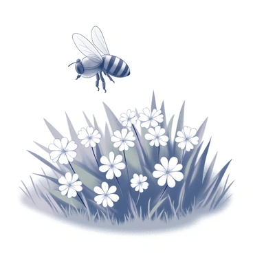 A bee with delicate wings is flying around a patch of white clovers. The bee is in mid-air, showcasing its striped body as it hovers above the small, round flower clusters. The clovers are lush and green, forming a dense ground cover filled with vibrant white blooms. Sunlight casts soft shadows on the grass beneath the clovers, enhancing the details of the scene. The bee's movement creates a sense of liveliness, emphasizing the interaction between the insect and the flowers.