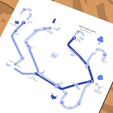 A subway map is laid out on a flat surface, featuring intricate lines and symbols representing various routes. The map highlights distinct wildlife reserves and parks, each marked with unique icons depicting elements like trees, animals, and water bodies. The routes are interconnected, creating a complex network, with some lines curved to illustrate the terrain. Each station on the map is labeled with the name of a corresponding reserve or park, providing clarity to the pathways. Alongside the routes, there are small illustrations of various wildlife, such as birds and deer, contributing to the theme of nature.