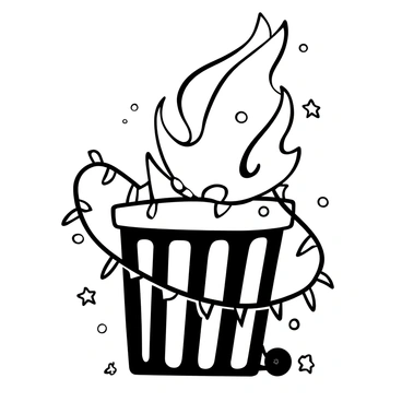 A dumpster surrounded by strings of decorative lights that mimic a holiday scene. The lights are shaped like stars and garlands, illuminating the dumpster. Above the dumpster, flames are rising from the top, creating a dynamic contrast with the lights. The area around the dumpster is scattered with small pieces of debris.