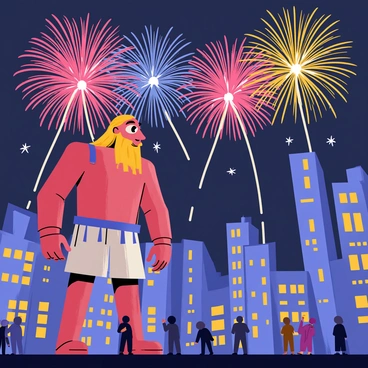 A large Goliath figure stands on a rooftop, gazing at a vibrant fireworks display lighting up the night sky. The city skyline is filled with tall buildings, their windows glimmering in the glow of the fireworks. Colorful explosions of red, blue, and gold fill the air, creating a dynamic scene. The Goliath has a look of wonder, with eyes wide and mouth slightly open in awe. Below, the streets are bustling with tiny figures admiring the spectacle, adding to the scale of the scene.