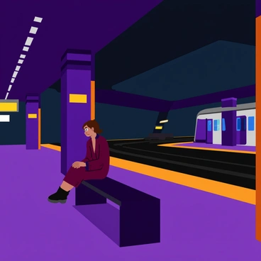 A quiet metro platform late at night illuminated by soft, warm lights. The platform features a sleek, dark-colored bench where a solitary figure is seated. The person is wearing a long coat and appears deep in thought, gazing down the empty tracks. Surrounding the platform are tall, minimalist pillars supporting the roof overhead, and the walls are adorned with simple tiles. A distant train can be seen slowly approaching in the background, casting a faint glow across the scene. The atmosphere is calm and still, with the faint sound of the train echoing in the distance.