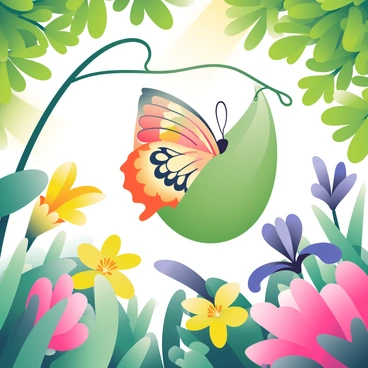 A vibrant butterfly with intricate patterns on its wings is emerging from a green chrysalis. The chrysalis is hanging from a slender stem, surrounded by an array of colorful spring flowers including bright yellow daffodils, purple irises, and pink tulips. The background is filled with lush green leaves, creating a vivid contrast against the flowers and the butterfly. Sunlight filters through the leaves, highlighting the delicate features of the butterfly as it begins to spread its wings for the first time.