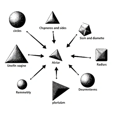 An illustrated scientific diagram features various geometric figures including circles, triangles, squares, and polygons. Each figure is labeled with its name in clear, bold text. Lines connect the figures, demonstrating their relationships. For example, arrows point from triangles to the concept of angles and sides, while circles connect to radius and diameter. Additional annotations highlight properties such as symmetry, area, and perimeter associated with each figure. The background is simple, emphasizing the geometric shapes and their interconnections, all displayed in a halftone dot pattern.