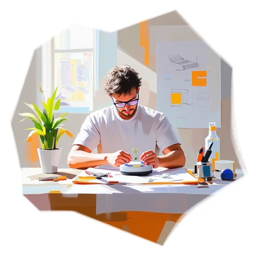 An inventor with medium skin and curly hair is seated at a workbench, intently focused on a new eco-friendly gadget. The inventor is wearing a casual shirt and safety glasses, surrounded by tools and materials like bamboo, recycled plastic, and solar cells. Various sketches of gadgets are pinned on the wall behind, emphasizing the theme of sustainability. The inventor's hands are carefully assembling parts of the gadget, showcasing the intricacies of their design process. Sunlight streams through a nearby window, illuminating the workspace and highlighting the inventor's determined expression.