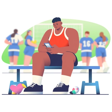 An athlete with a muscular build and short black hair is sitting on a bench during a sports event, looking focused as they check their performance stats on an iPhone 16. They are wearing a fitted red tank top with black shorts and are surrounded by sports equipment scattered around. The athlete's left hand is holding the iPhone, while their right hand rests on their knee. In the background, there are blurred figures of teammates and spectators, with a bright green field visible behind them. The sun is shining, casting soft shadows around the scene.
