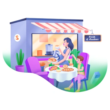 A quaint street-side café with outdoor seating, featuring a small round table adorned with a fresh tablecloth. In the foreground, a family consisting of a mother, father, and two children is busy preparing coffee and pastries. The mother is pouring coffee from a stylish coffee maker, while the father is arranging an assortment of colorful pastries on a plate. The children are playfully reaching for a croissant and a donut, smiling with excitement. Surrounding the café are potted plants, and a chalkboard sign displays the words "Fresh Coffee & Pastries." The scene is bathed in warm, inviting light, creating a lively atmosphere.