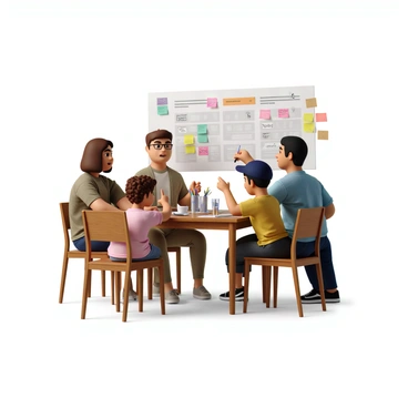 A family gathered around a large poster board, diligently making a budget. They are sitting at a wooden dining table covered with colorful sticky notes and various colored markers scattered around. The parents, a woman with shoulder-length brown hair and a man with short black hair, are engaged in discussion as they point to different sections on the poster. Their two children, a girl with curly hair wearing a pink t-shirt and a boy with a blue cap, are also contributing by writing on the sticky notes. The atmosphere is lively and focused, with a mix of excitement and concentration on their faces.