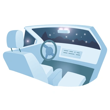 A white car interior is visible, featuring sleek, modern seats and a minimalist design. The dashboard is softly lit by glowing lights, casting a gentle illumination throughout the cabin. The steering wheel is prominent, with various buttons and controls clearly visible. Outside the car windows, a dark night scene is framed, with faint silhouettes of trees and distant streetlights. The overall ambiance is calm, accentuated by the warm, inviting glow of the dashboard lights.