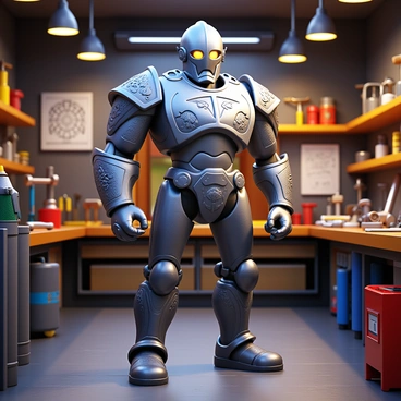 A strong metal guardian standing firm, with a sturdy and polished metallic exterior. The guardian has intricate engravings and glowing eyes, exuding an aura of strength and protection. Surrounding the guardian is a workshop filled with various tools, such as wrenches, hammers, and drills. The workbench is cluttered with mechanical parts and blueprints, showcasing a space of craftsmanship and invention. The atmosphere is vibrant, illuminated by overhead lights reflecting off the metal surfaces.