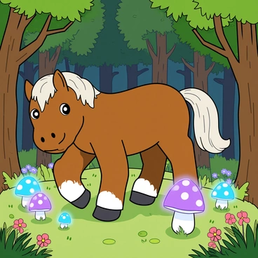 A cute horse with a shiny chestnut coat and a flowing white mane is exploring a magical forest. The horse has large, expressive eyes and a playful expression. Surrounding the horse are tall, slender trees with vibrant green leaves and twisted branches. The ground is carpeted with soft, lush grass and colorful wildflowers. Scattered throughout the forest are glowing mushrooms in various sizes, emitting soft, colorful lights ranging from blue to purple. The atmosphere is filled with a sense of wonder and enchantment as the horse curiously sniffs at the glowing mushrooms.