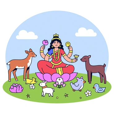 A depiction of "Goddess Lakshmi" in a meadow surrounded by various animals. Goddess Lakshmi is seated gracefully on a lotus flower, wearing an ornate red and gold sari. Her four arms hold a lotus flower, a gold coin, a bowl of rice, and a conch shell. Around her, there are a variety of peaceful animals including a gentle deer, a small rabbit, and a couple of birds perched nearby. The meadow is filled with vibrant green grass and colorful flowers blooming, creating a tranquil atmosphere. The sky above is clear blue with a few fluffy white clouds.