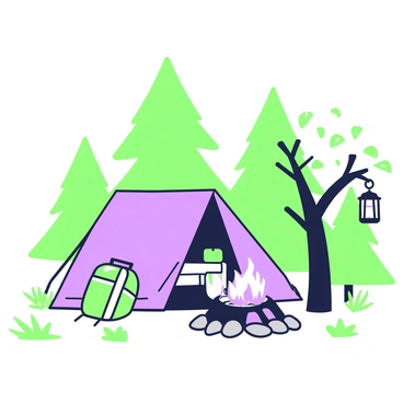A campsite is set up in a dense forest area. In the center, there is a tent with an open flap, revealing some camping gear inside. Surrounding the tent, several green pine trees rise tall, their branches creating a natural shelter. A campfire sits in front of the tent, with logs arranged around it for seating. Flames flicker above a circle of stones that contain the fire. Nearby, a backpack leans against one of the trees, and a lantern hangs from a low branch, casting light over the area. The ground is covered with fallen leaves and patches of grass.
