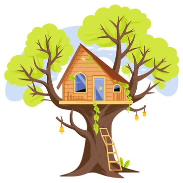A large ancient tree with thick, gnarled branches supports a detailed treehouse nestled among its leaves. The treehouse features wooden walls with a slanted roof and multiple windows. Vines and green leaves drape over the sides, enhancing its camouflage within the tree. A wooden ladder leads up to the entrance, and small lanterns hang from the branches, providing a warm glow. The scene is set against a clear blue sky, adding to the overall tranquility of the setting.
