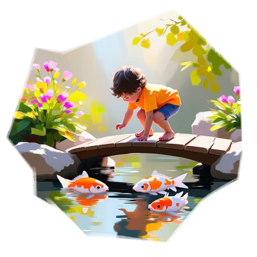 A child with curly hair wearing a bright yellow t-shirt is standing on a wooden bridge, peering over the edge into a serene garden pond below. The pond is filled with colorful carp swimming gracefully, showcasing shades of orange, white, and black. Lush green plants and vibrant flowers surround the pond, adding a lively atmosphere to the scene. The child leans forward with a look of wonder, captivated by the movement of the fish. The wooden bridge is textured, with weathered planks contrasting against the natural surroundings. Sunlight filters through the leaves, casting soft shadows on the water's surface.