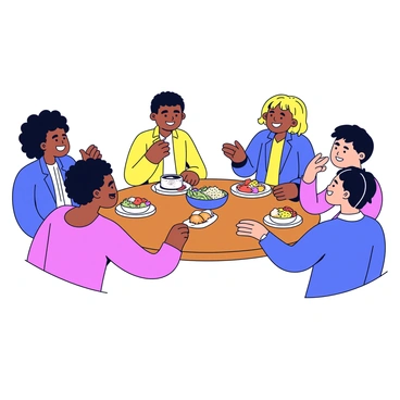 A diverse group of people gathered around a round wooden table. There are individuals of different ethnic backgrounds, including a woman with curly black hair, a man with straight brown hair, and a person with short blonde hair. The table is filled with an assortment of colorful dishes, including a vibrant salad, a bowl of rice, and a platter of fresh fruits. Everyone is smiling and animatedly engaged in conversation, some leaning in to listen while others gesture with their hands. The setting includes a simple backdrop with soft lighting, enhancing the warmth of the gathering.