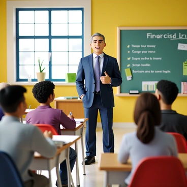 A financial advisor, a middle-aged man with short, neatly combed hair, is standing at the front of a colorful classroom. He is dressed in a smart blue suit with a white shirt and a patterned tie. The classroom is filled with bright posters about finance and budgeting on the walls, and a large chalkboard displays key points about money management. In front of him, a group of five teenagers, representing diverse backgrounds, are seated at desks, attentively listening. Some are taking notes on notebooks, while others are engaged in discussion with one another. The atmosphere is vibrant, with sunlight streaming in through large windows, illuminating the space.