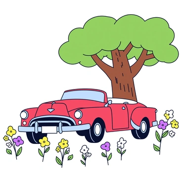 A classic vintage car with a sleek design and shiny chrome details, parked under a large oak tree with a thick trunk and sprawling branches. The car is painted in a deep red color, reflecting the sunlight. Surrounding the car are colorful wildflowers in various shades of yellow, purple, and white, growing freely on the grassy ground. The scene captures the quiet beauty of nature alongside the elegance of the vintage car.