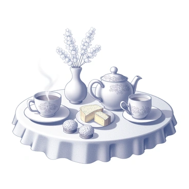 A cozy afternoon tea setting atop a lace tablecloth. There is a delicate porcelain tea set, including a teapot with a floral pattern, cups, and saucers, arranged neatly on the table. On the table, there are several pastries shaped like small cakes, showcasing a textured exterior that indicates durian flavor. A steaming cup of tea is placed beside the teapot. The scene is softly lit, suggesting warmth and comfort, with a small vase of fresh flowers adding a touch of elegance to the arrangement.