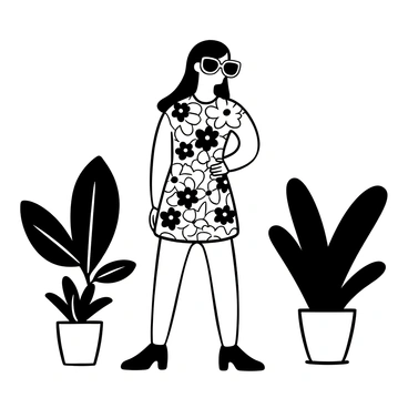 A young woman standing confidently, wearing a floral minidress that features a variety of different flowers in a repeating pattern. She has oversized sunglasses resting on her head, creating a bold fashion statement. Her hair flows down her shoulders, and she stands with one hand on her hip. In the background, there are several large potted plants that add to the scene's vibrancy. The overall composition conveys a sense of modernity and elegance.