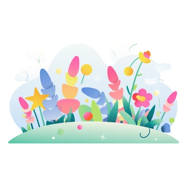 A garden filled with whimsical and colorful flower shapes is sprawling across a gentle landscape. The flowers are of various imaginative forms, including tall, spiraled petals in vibrant shades of pink, blue, and yellow. Some flowers have petal shapes resembling stars or hearts, while others are circular or wavy, creating a playful contrast. The garden is dotted with green leaves and whimsical tendrils that intertwine between the flowers. A soft, gradient sky transitions from light blue at the horizon to a deeper blue at the top, adding to the enchanting atmosphere of the scene.