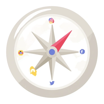 A round compass with a polished silver exterior. The compass needle is intricately designed, pointing toward different directions. Each direction is marked by various colorful social media icons, such as a blue bird for Twitter, a red camera for Instagram, a light blue "f" for Facebook, and a yellow lightning bolt for Snapchat. The background features a subtle map pattern, adding context to the compass.