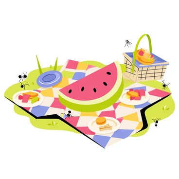 A picnic scene featuring a colorful checkered blanket spread out on a grassy area. In the center of the blanket, there is a large slice of watermelon with vibrant red flesh and dark seeds. Surrounding the watermelon slice, there are small plates with various snacks, including sandwiches and fruits. A bright blue frisbee and a picnic basket can be seen nearby. A few ants are wandering around the blanket, and a clear blue sky is visible overhead.