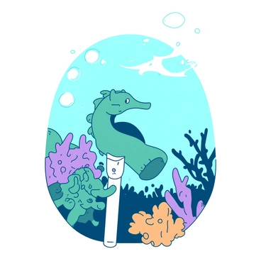 A small teal seahorse is clinging to a white plastic straw that is partially submerged in its underwater habitat. The straw is surrounded by soft corals and colorful marine plants. Bubbles rise around the seahorse as it holds onto the straw with its curled tail, blending into the vibrant sea life around it. Soft rays of light filter through the water, illuminating the scene.